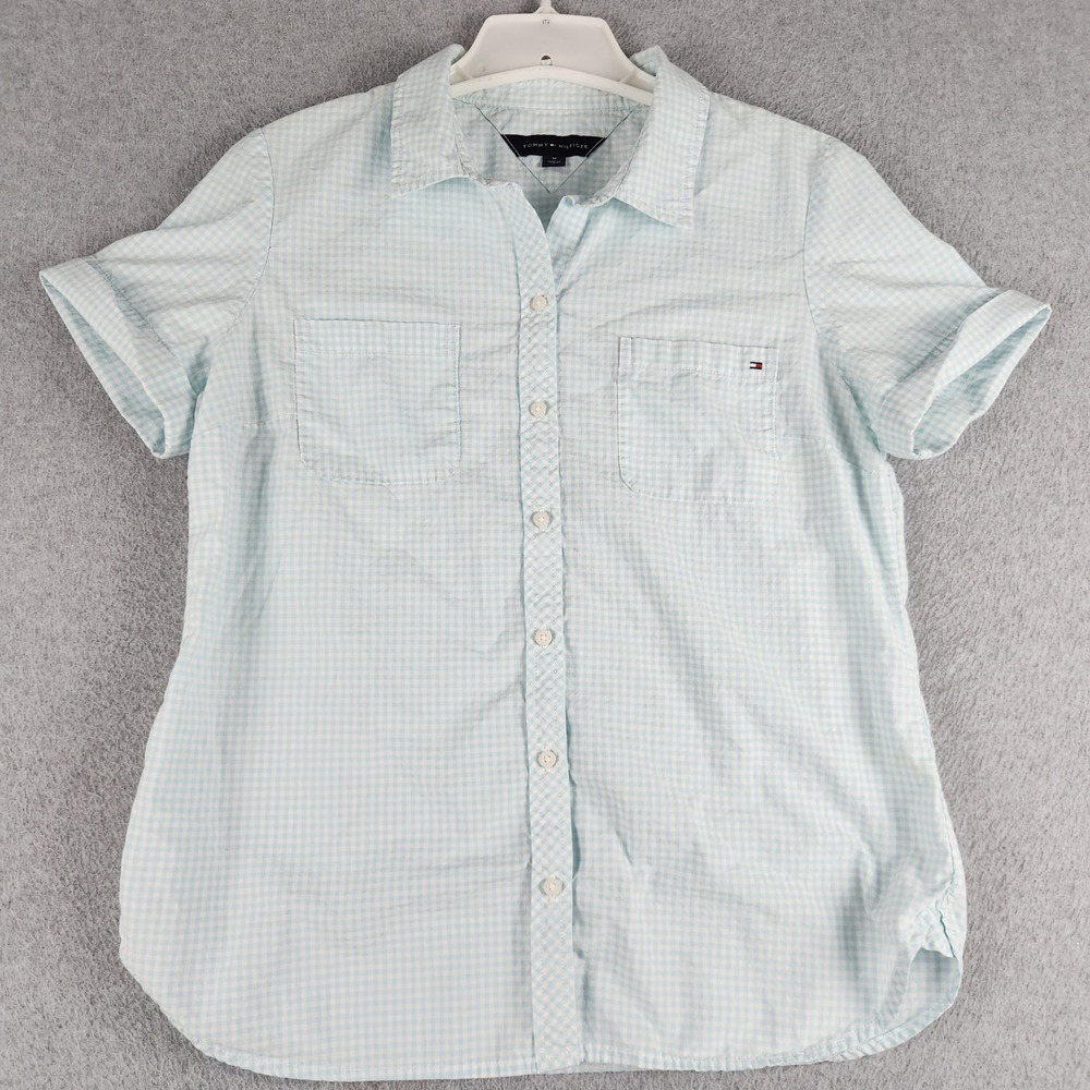 Tommy Hilfiger Shirt Womens Medium Blue White Gingham Short Sleeve Button Up